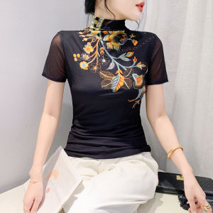 YIMEI 2024เสื้อคอปกพิมพ์ลายสำหรับผู้หญิงเสื้อซับในแขนสั้นชั้นสูงสำหรับเสื้อยืดผ้าตาข่ายฤดูใบไม้ผลิและฤดูใบไม้ร่วง