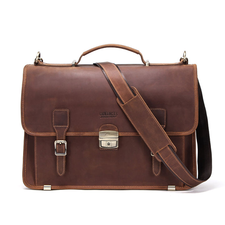 CONTACT'S Retro Men's Crazy Horse Leather Bag Men Briefcase Laptop Bag Male  Business Shoulder Bags Large Capacity for 14 inch Laptop Lazada PH
