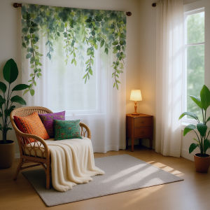 1pc Watercolor Vine Sheer Curtain - Green Leaf Pattern Pole Window Curtain for Boho Home Decor
