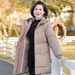 Thickened Long Cotton Jacket for Middle-Aged Mothers Winter Clothes Fashionable Solid Color Hooded Zipper Closure Womens Coat