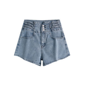 High Waist Elastic Denim Shorts Womens New Style Summer Thin Wide Leg A-Line Straight Cut Loose Fit Hot Pants Cotton Stretch