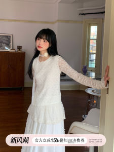 เสื้อยืดผู้หญิงฤดูใบไม้ผลิ ทรงหลวม แขนยาว คอกลม ผ้าไนลอนผสมยางยืด ลายลูกไม้ไม่สมมาตร ชุดชั้นใน เสื้อเชิ้ต