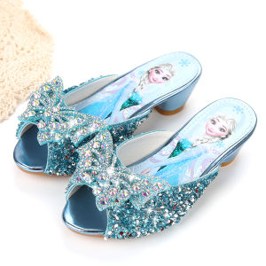 Princess Elsa Girls High Heel Slippers Summer Crystal Shoes Childrens Frozen Fashion Outdoor Baby Slippers Breathable Slip-On
