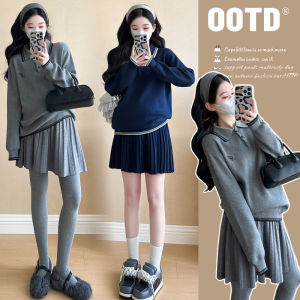 ชุดกระโปรงสั้นผ้าถักลายจุดแขนยาวฤดูใบไม้ผลิและฤดูใบไม้ร่วงสำหรับผู้หญิงตั้งครรภ์ กระโปรงสั้นพับ คอตั้ง ชุดสองชิ้น