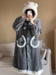 Gray Coral Fleece Womens Robe Thickened Winter Home Clothes Kitty Cat Pyjamas Outdoor Wearable Long Sleeve Hooded Pajamas