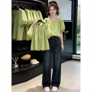 Shalldoer | Feminine Elegant Loose-Fitting Slimming Womens Short Sleeve Shirt Summer 2026 New Round Neck Bubble Sleeve