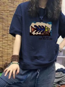 Loose Womens Short Sleeve T-Shirt Pure Cotton Comfortable Summer Fashion Korean Style Printed round Neck Top in Royal Blue