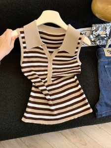 Polo Collared Stripe Knitted Sleeveless Tank Top Womens Summer Slim Fit