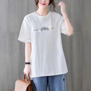 Pure Cotton Short Sleeve T-Shirt for Women Loose Fit Printed Large Size Versatile Slimming Round Neck Top for All Seasons