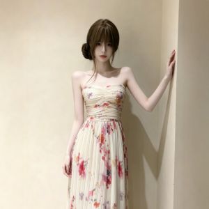 CHANGTONG | Vintage Unique Printed Tube Top Waist Slimming Dress