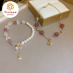 Viviann Original Design Strawberry Crystal Love Pearl Bracelet Pink Rose Powder Crystal Quartz Stone Bracelet Jewelry Beads Lovers woman Gift Wholesale Crystal Stone Bracelet Beads Chips Jewelry Rose Bracelets for Women Bangle
