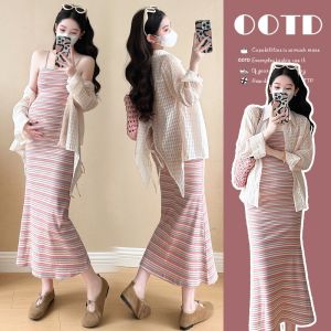 New Spring Rainbow Knit Long Pregnant Dress Two-Piece Set