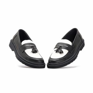 Rionz Polin 02 Black White - Sepatu Loafer Pria Formal Kantor Casual Kulit Pu
