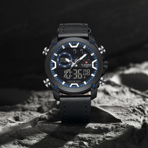 NAVIFORCE นาฬิกาข้อมือควอทซ์สำหรับผู้ชายของแท้นาฬิกาดิจิตอลมัลติฟังก์ชั่นสายหนังกันน้ำ3ATM ตัวชี้ปฏิทินวันที่ชายกลางแจ้งแฟชั่นลำลอง NF9261