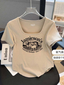 Áo Thun Cotton Tay Ngắn Không Đều Cho Nữ Mùa Hè 2023 Phong Cách Hàn Quốc in Họa Tiết Hoạt Hình Cổ Vuông Thường Ngày