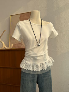 White Lace Trim Short Sleeve T-Shirt Women Summer Inner Wear Slimming Top Unique Shoulder Style Knitted Korean Style Pure Color