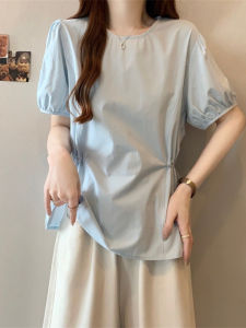 Light Blue Womens Short Sleeve Shirt 2025 New European Style Ultra Popular Summer plus Size Slimming Top Waist-Cinching