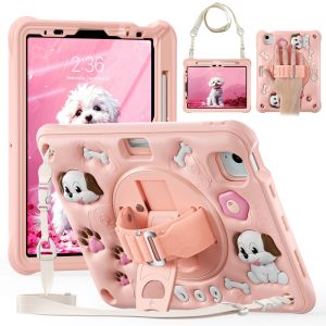 For iPad Air 11 M2 M3 Multi-Layer Protection Soft Silicone Cartoon Kids Case With Rotatable Hand Strap Built-in Kickstand Holder & Pen Holder Come With Shoulder Strap Compatible With iPad Air 6 Air 5 iPad 11