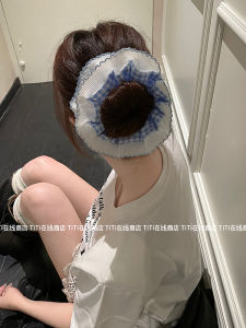 เข็มขัดผ้าลูกไม้ลายสก็อตสีน้ำเงินสำหรับเด็กผู้หญิง หางกลม สายรัดผมผ้าลูกไม้ เครื่องประดับผมสไตล์เกาหลี ใหม่สด