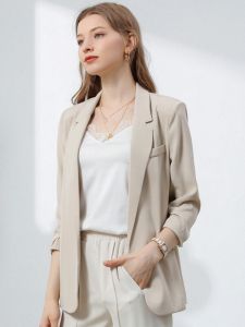 No-Cuff Slim Fit Womens Blazer Jacket Spring Autumn Summer Thin Pleated Sleeve Stand Collar Buttonless Peach Color Business Suit