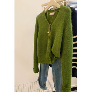 French Style Temperament Minimalist V-neck Green Knitting Cardigan Female Fall and Winter Gentle Niche Loose Soft Glutinous Sweater Outwear