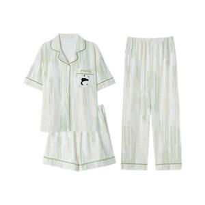 MiiOW | ชุดนอนผู้หญิงแขนสั้นพร้อมแผ่นเสริมหน้าอก ชุดนอนผู้หญิงฤดูใบไม้ผลิและฤดูใบไม้ร่วง ชุดสามชิ้น ลายกระต่ายน้อย สไตล์หวานและน่ารัก