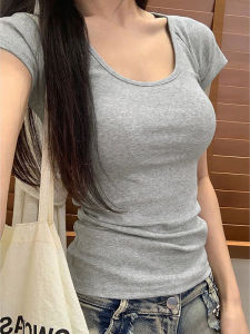 Áo Thun Nữ Tay Ngắn Cổ Chữ U Màu Xám Phong Cách Hàn Quốc Mùa Hè Ôm Vừa Vặn Thon Gọn Eo Cơ Bản Đa Năng Gợi Cảm