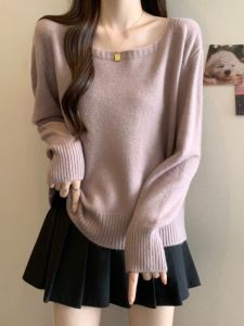 Purple Knitted Sweater Square Collar Long Sleeve plus Size Womens Base Shirt Soft Cozy Top Korean Style Loose Fit Autumn New Arrival