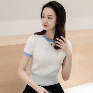 Áo Thun Dệt Kim Ice Silk Dáng Ôm Ngắn Mùa Hè Tay Lửng Màu Khối Cho Nữ Áo Thun Cổ Tròn Tay Ngắn Dáng Ôm Thời Trang