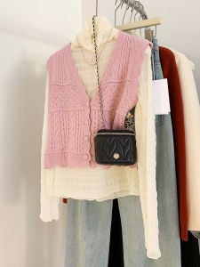 AMILUCK | Womens Knitted Vest Two-Piece Set With Chiffon T-Shirt Casual Autumn Fashion Retro Style Long Sleeve V-Neck Top Ensemble