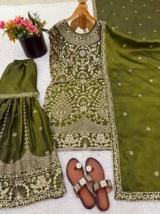 [PRE-ORDER] 2025 DEC OLIVE GREEN SHARARA SUIT HEAVY EMBROIDERY & SEQUENCE WORK SIZE M TO 2XL ( DELIVERY 10 WORKING DAYS) ETA: 2026-01-30 | PAKISTANI DESIGNER GHARARA OUTFIT | MEHNDI PARTY WEAR |OLIVE GREEN SHARARA SUIT FOR WOMEN