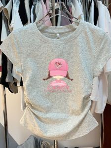 Áo Thun Cotton Tay Ngắn Cho Bé Gái Mùa Hè Phong Cách Hàn Quốc Dáng Ôm Vừa Vặn in Họa Tiết Hoạt Hình Cổ Tròn