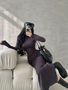 Youunggirlday Pure Sense of Atmosphere Small Turtleneck Silm Ruched Long Sleeves Back Slit Sheath Dress Dress