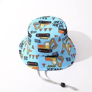 WRELS | Summer Kid Panama Hat Cartoon Excavator Printed Boys Girls Travel Fisherman Hat Sunshade Windproof 1-5Years Baby Bucket Hat