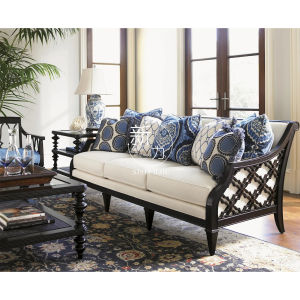 French Style Retro Solid Wood Sofa Cut Out Rattan Woven Double Three-Seat Straight Row Sofa Rural Pastoral Fabric Soft Bag Export