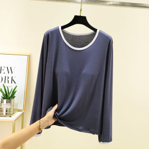 Modal Undershirt with Chest Pad Long Sleeves Womens Autumn Wear-Free Bra T-Shirt Pure Color Plus Size Loose Slim Looking Tops