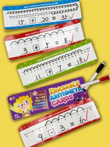 BEAR TALE Erasable Arithmetic Cards with 3 Levels Reusable Math Learning Tools for Kids Inspire Math Confident with Fun 24Cards 2Pens