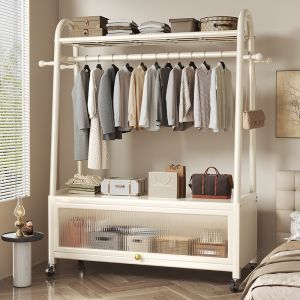 AW ราวแขวนผ้า ราวตากผ้า มีตู้เสื้อผ้า ไม้แขวนเสื้อแบบมีล้อ เคลื่อนไหวสะดวก ประตูตู้กันฝุ่น เหล็กคุณภาพสูง กันน้ำและกันสนิม สุนทรียศาสตร์ พร้อมส่ง