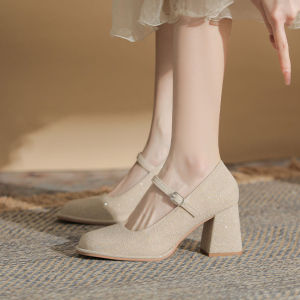 Giày Cao Gót Mary Jane Đế Dày Đầu Tròn Kiểu Pháp Cho Nữ Giày Cưới Đế Bằng Đính Nút Đơn Giày Đế Cao Gót Mũi Nhọn