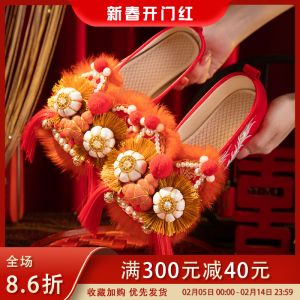 Handmade Embroidered Tiger Head Shoes Soft Bottom Comfortable Traditional Chinese Style Red Flower Shoes Festive Cotton Lined Flat Bottom