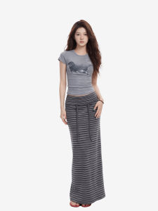 ZHANLI | Summer Fashion Dachshund Print Crop Top And High Waist Striped Skirt Set