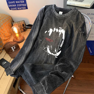 Washed Long Sleeve Mens T-shirt Casual Oversize Loose Fit Spring Autumn American Retro Style Comfortable Breathable Cotton Tee