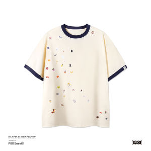 PSO Brand Couples T-Shirts Short Sleeve Color Block Loose Fit Cute Sticker Style Summer Casual Cotton Polyester Blend