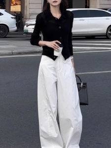Black Long Sleeve Knitted Open Cardigan Loose White Wide Leg Pants Two Piece Set Spring Autumn Fashion Casual Wear for Women