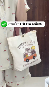 Túi Vải Canvas Đựng Hộp Cơm Họa Tiết Hoạt Hình Cute Có Cúc Bấm LILA TCOMANI26