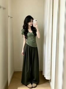 NIUVIES | Green Short Sleeve T-shirt Womens Summer Wide Leg Pants Suit