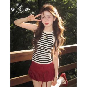 PEIXI | French Style High-end Red Striped Knitted Sleeveless Vest