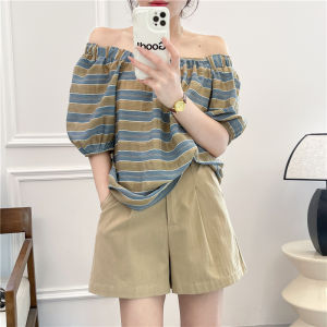 Áo Sơ Mi Nữ Tay Bồng Họa Tiết Sọc Màu Tương Phản Gợi Cảm Mùa Hè Thường Ngày Cổ Chữ V Dài Thường Tay Ngắn Vải Polyester