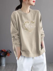 Casual Artistic Womens Cotton T-shirt Loose Fit Slimming Top Versatile Comfortable Long Sleeve round Neck Regular Length