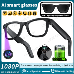 LIGE AI Smart Glasses 8MP HD Camera 1080P Video Record Bluetooth Call 300mAh Battery Voice Assistant Control Sunglasses Lenses